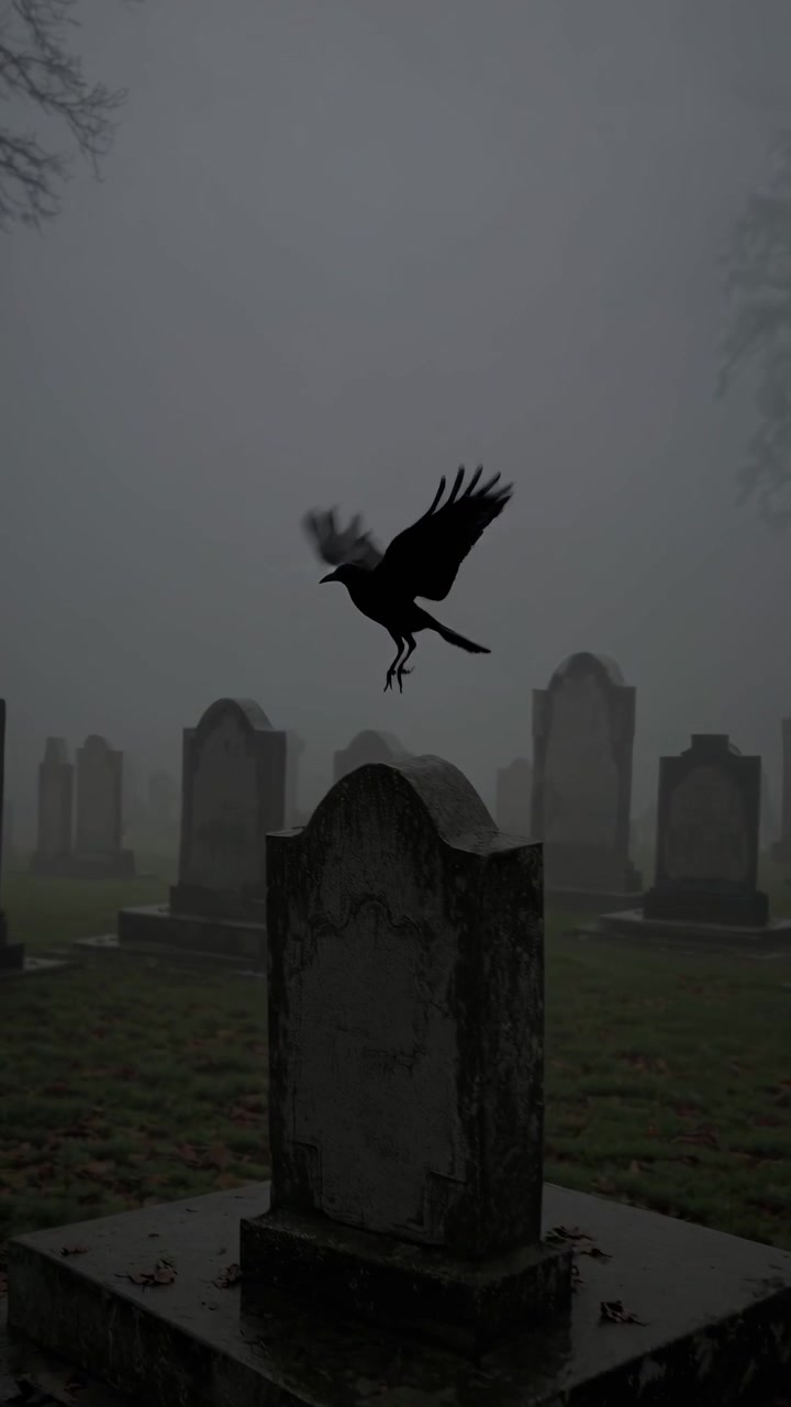 Corvo in volo da una lapide in un cimitero nebbioso