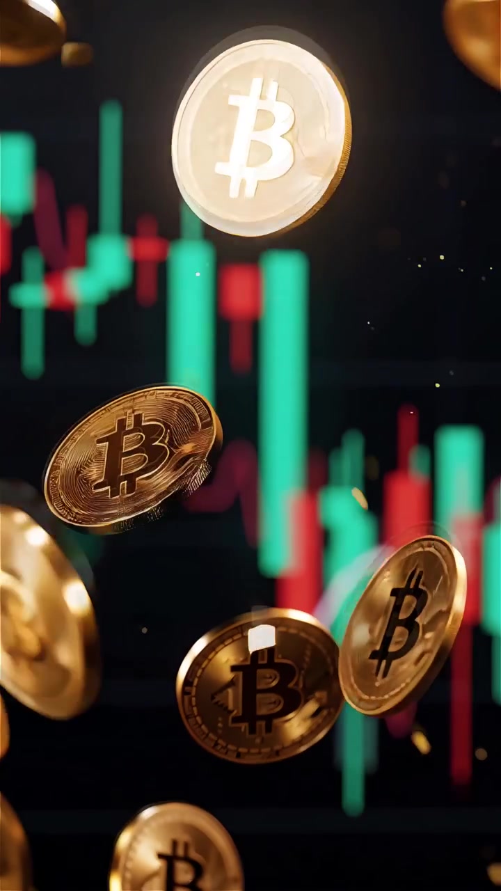 Moedas de Bitcoin douradas com fundo de gráfico de velas desfocado 4K