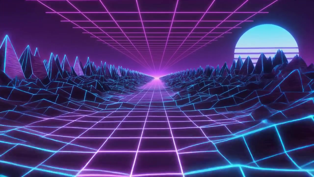 Paesaggio digitale in stile retro synthwave con griglia luminosa e sole
