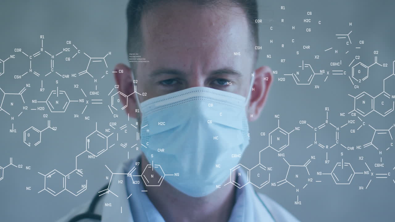 анимация кавказского врача-мужчины в маске с химическими структурами