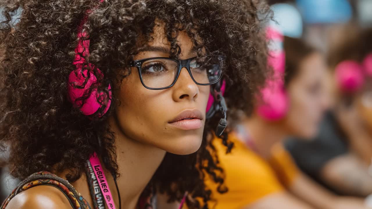 Giocatore concentrato impegnato negli eSport, che indossa eleganti cuffie e occhiali rosa, circondato da una vivace community di gaming, che esemplifica la dedizione e la passione per il gaming