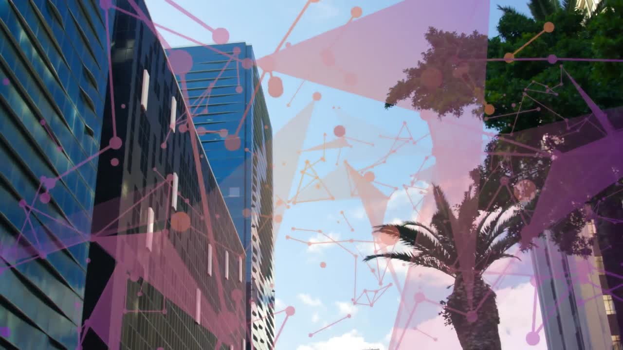 animación de redes de plexo contra vista de ángulo bajo de edificios altos y cielo azul