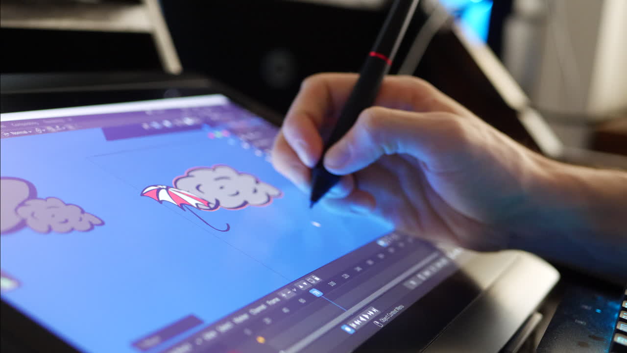 la mano de un animador de artista digital creativo en un estudio usando una tableta de dibujo de lápiz táctil y software de animación 3d para crear un diseño gráfico simple