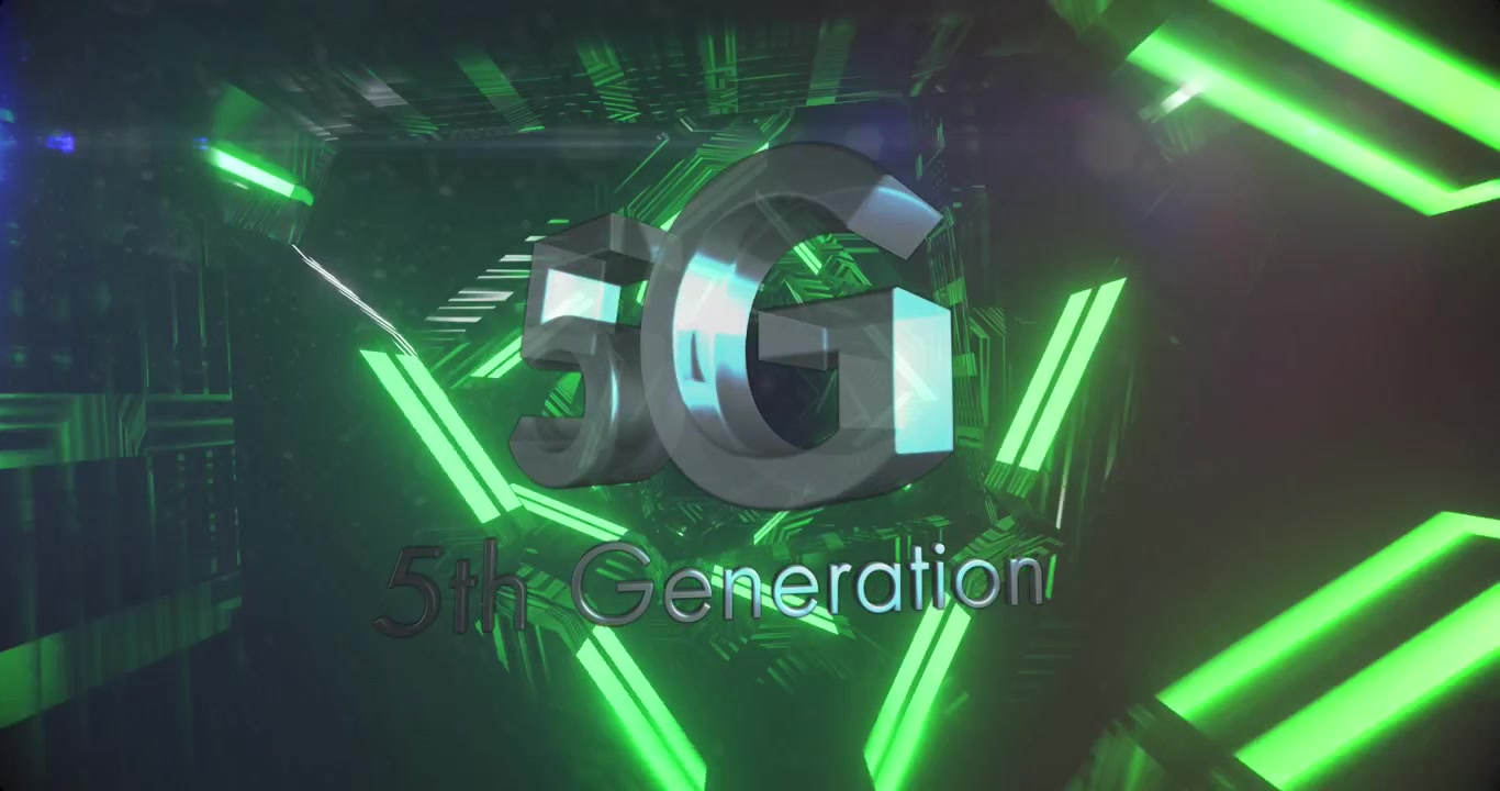 Concetto futuristico di rete 5G di quinta generazione con luci verdi luminose.