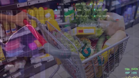 animation of stock market data processing over shopping cart full of groceries at grocery store