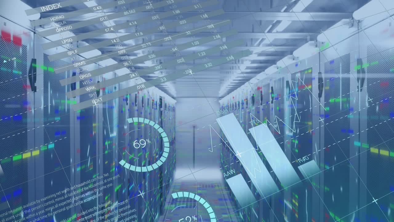 Animation of financial data processing over server room