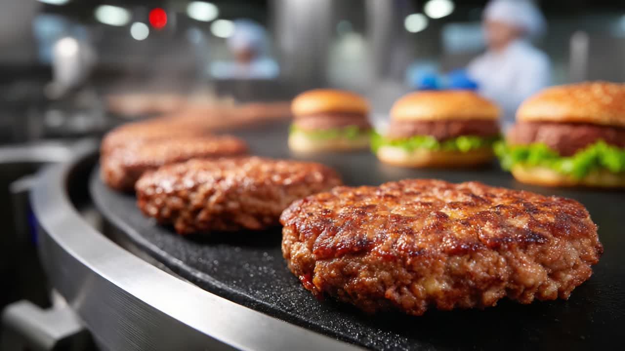 Sizzling Beef Patties on a Griddle with Freshly Assembled Burgers in a Busy Kitchen Setting, Highlighting the Culinary Art of Burger Making