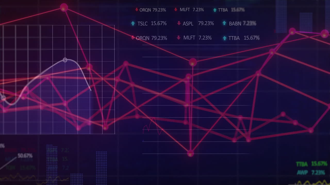 Network line graph featuring red pink nodes linking over blue grid, showing white percentage labels
