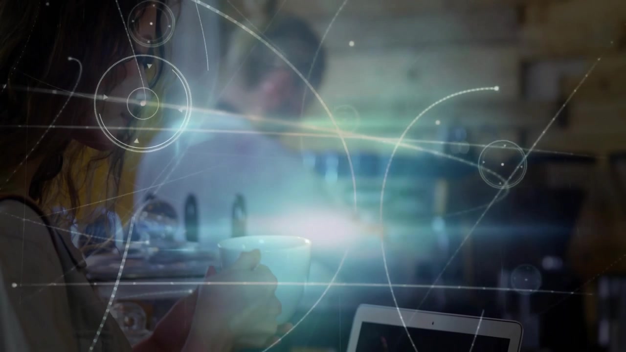 Mulher digitando em laptop em café gerando grade holográfica e reflexos, barista preparando expresso.