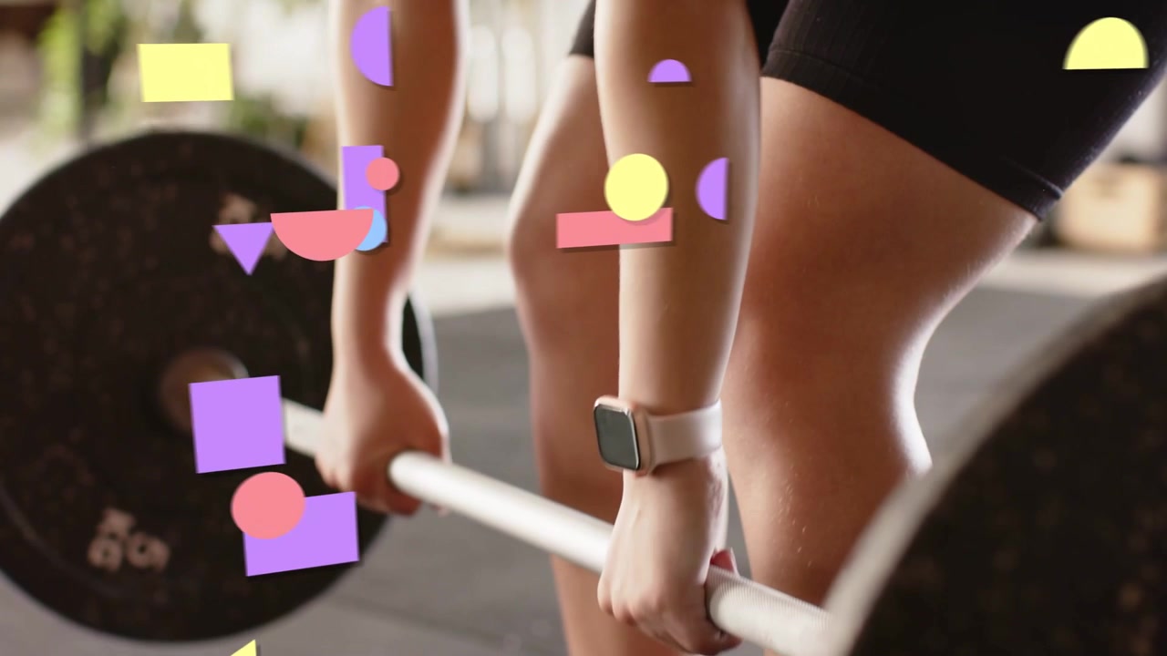 Gym athlete gripping barbell starting deadlift on mat, animated shapes for form watch tracking