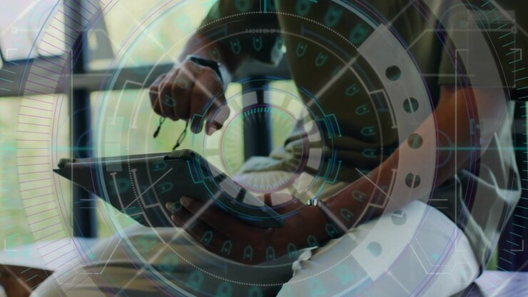 Man tapping, swiping and moving tablet by grid window, aligning HUD around torso for tech demo