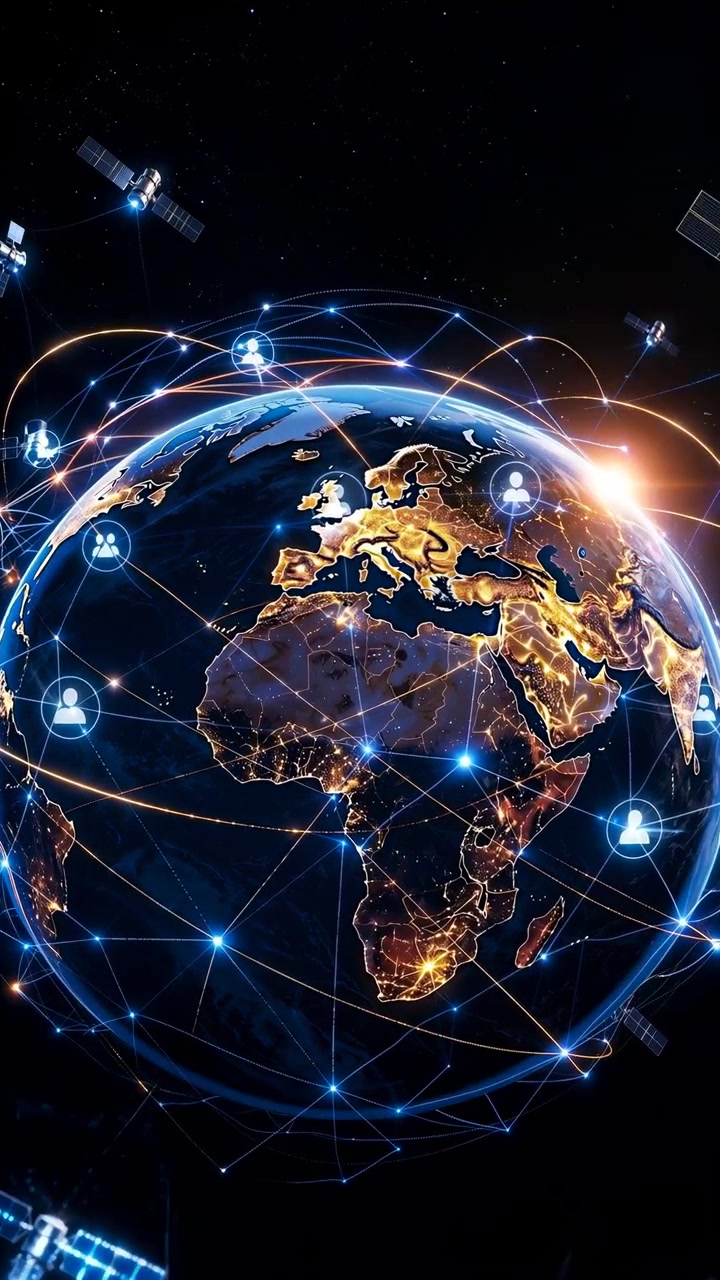 Global Earth With Satellites Connecting Continents, Night City Lights Linked By Glowing Network Lines, User