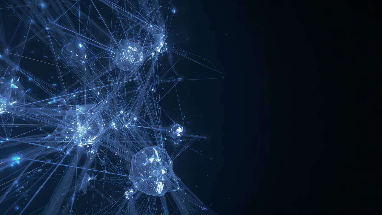 Shifting cluster of blue gem nodes pulsing in dark void, glowing filaments evoking neural activity