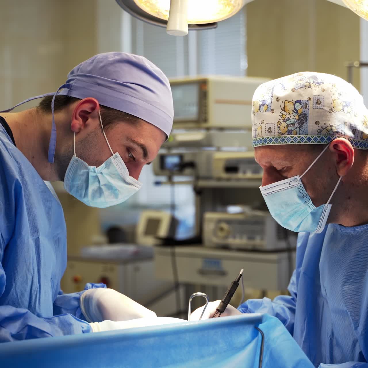 Men surgeons concentrated on their work. Surgical operation conducted by professional doctors in operation room