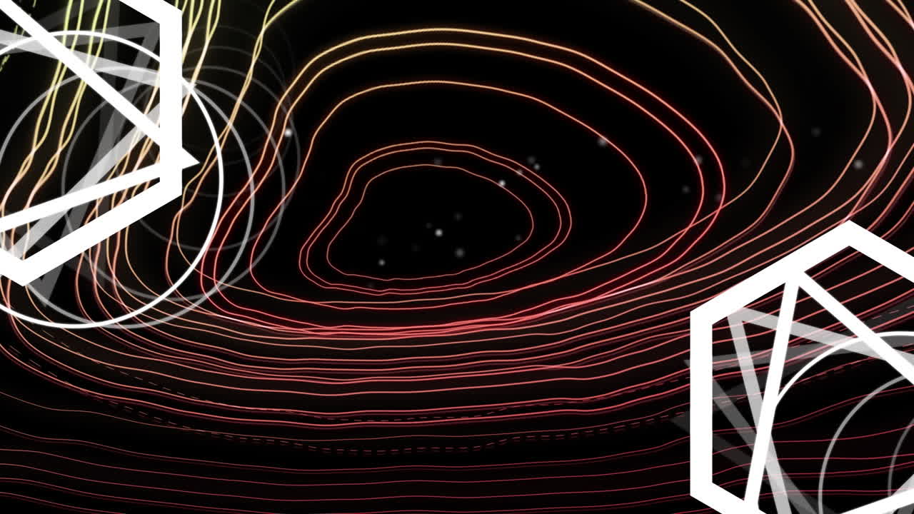 Animation of red map of lines over white geometrical shapes on black background
