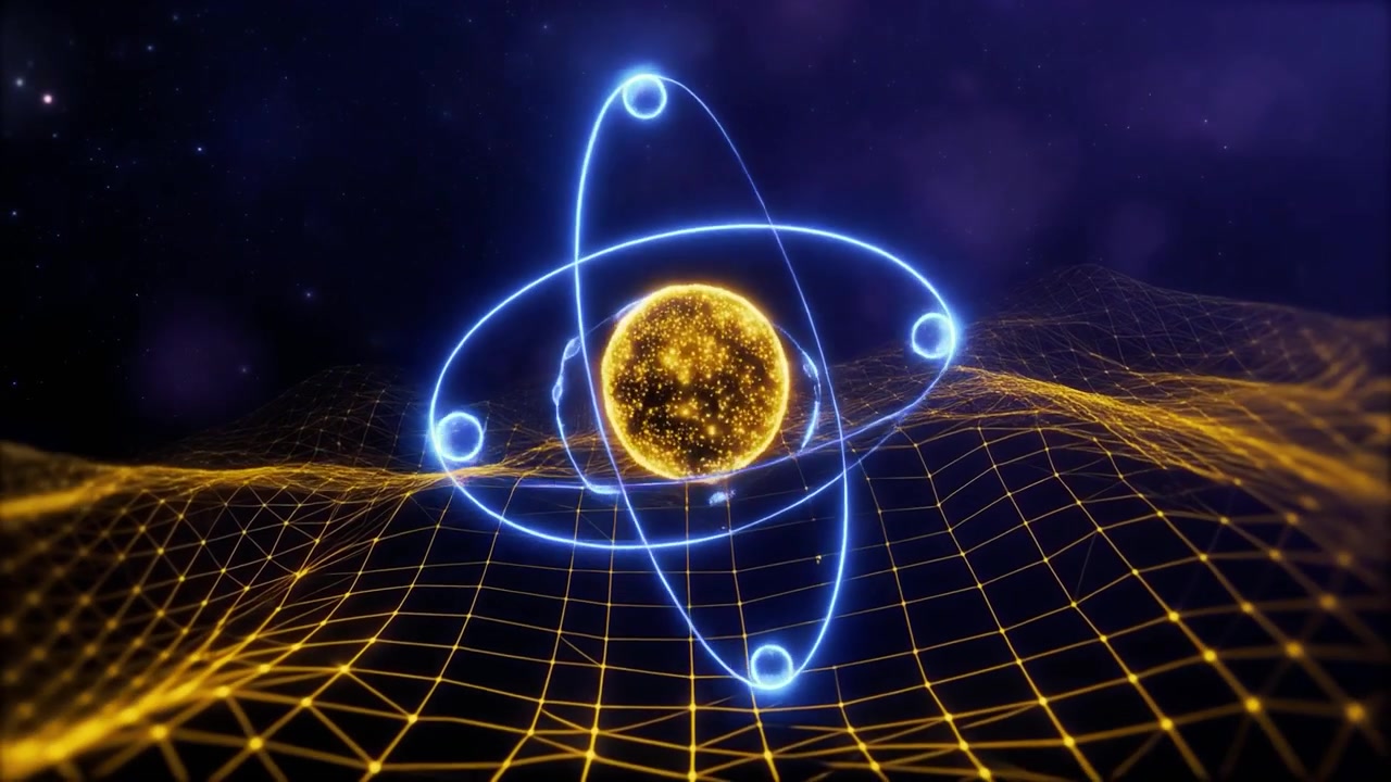 Glowing Atom Model Rotating Above a Digital Grid Surface