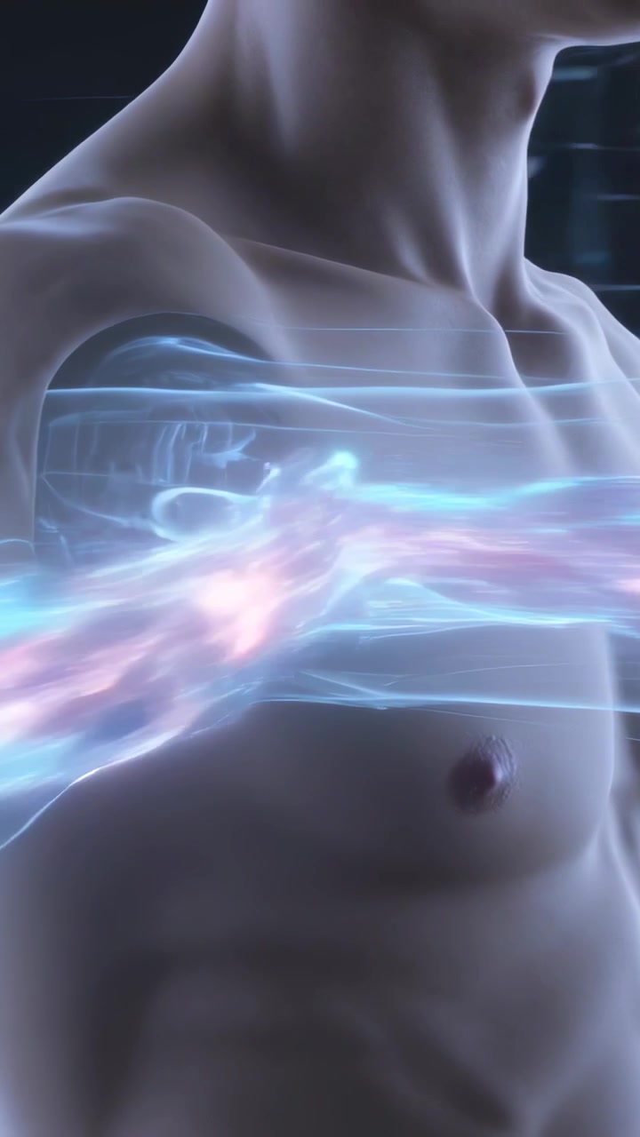 Video verticale: Nuvola luminosa che si forma sul petto sinistro, nastro che si muove su un torso nudo mostrando il movimento