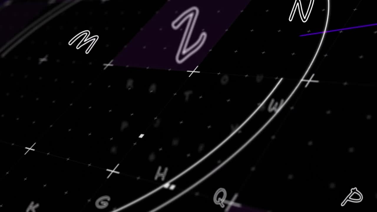 animación de círculos y letras sobre fondo negro