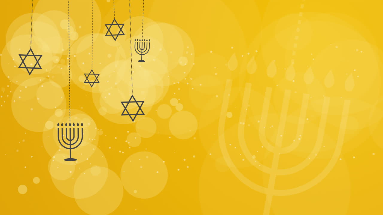 Jewish symbols menorah and star of david. Abstract yellow background with blurred circles. Looped video.