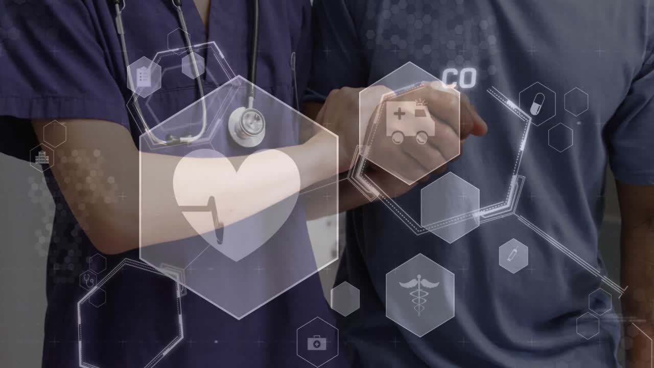 다양한 여성 의사와 남성 환자를 지원하는 다양한 여성 의사의 심장 박동과 분자 구조의 애니메이션