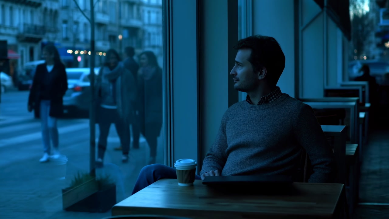 Caucasian Man Sitting Window Seat In Cafe, Holding Coffee Cup And Watching Busy Street Through Glass,