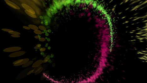 animation of colourful light trails and spots forming circles on black background