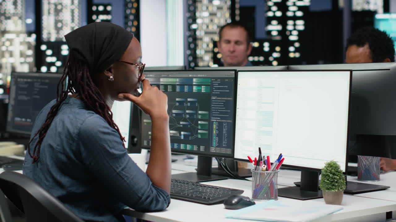 African American Woman Programmer Working on Multiple Computer Screens in Office