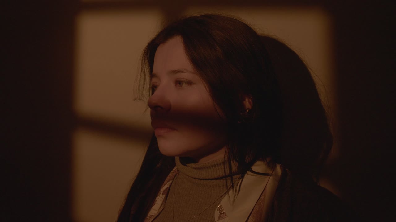 Artistic portrait of a young woman in shadow and light, creating a dramatic and film-inspired look