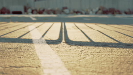 sunlight creating long shadows across a pavement in an urban setting