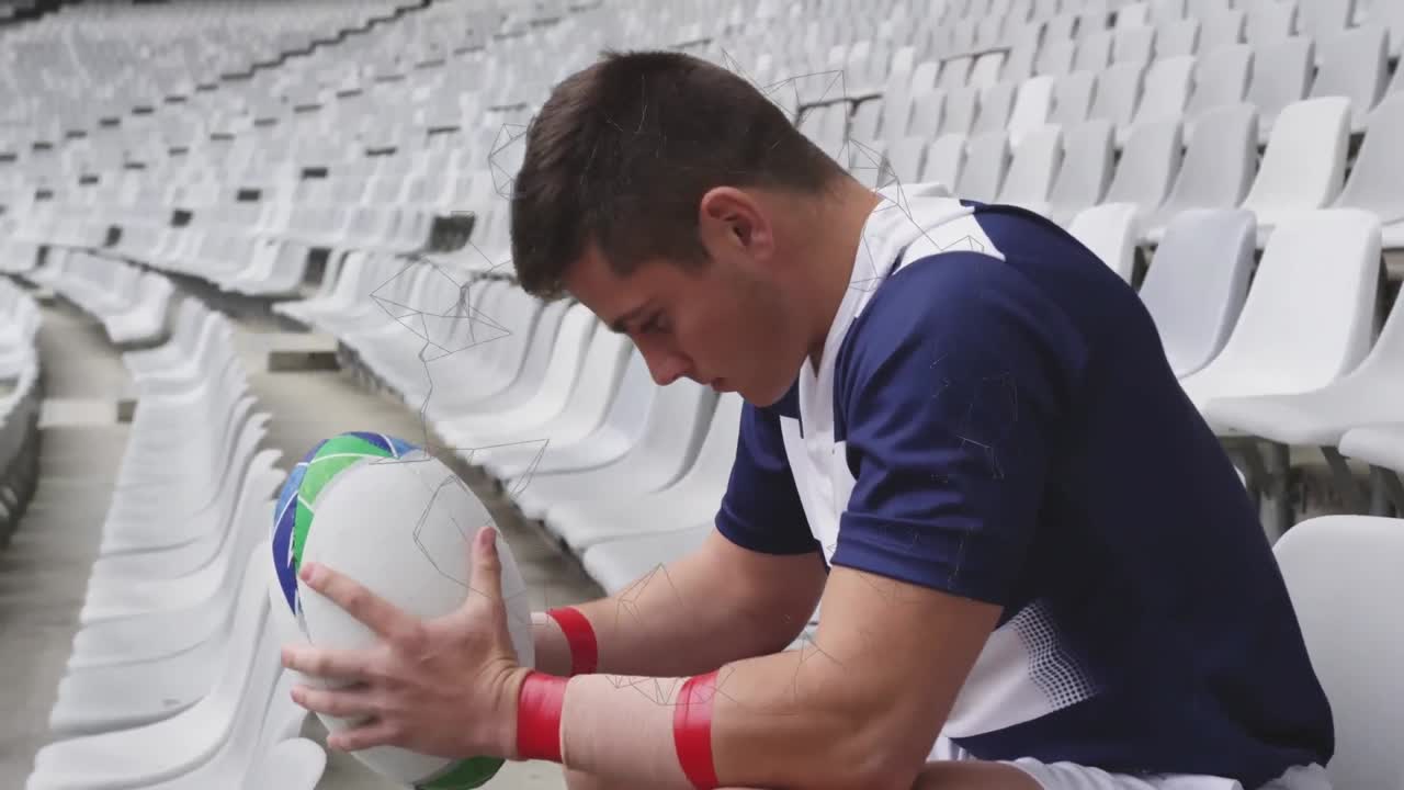 공을 가진 미국 축구 선수 위로 움직이는 모양의 애니메이션