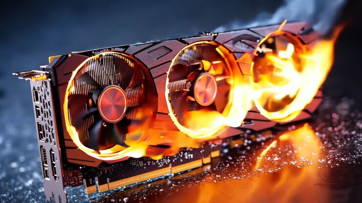 A close up of a video card with flames coming out of it