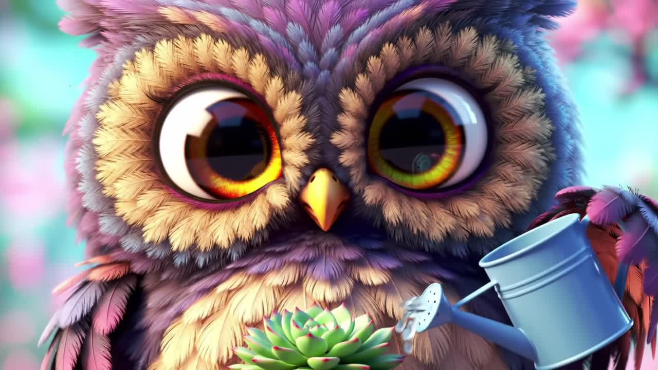 A Colorful Owl Delicately Watering a Potted Plant, Exuding Charm and Whimsy with Its Large Eyes and Vibrant Feathers, Surrounded by a Soft Floral Background