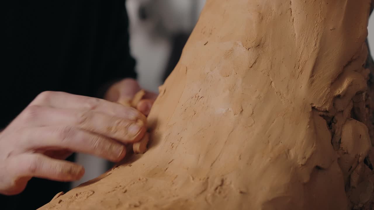 Close up of hands sculpting clay on a large figure in an artist's workshop with natural light