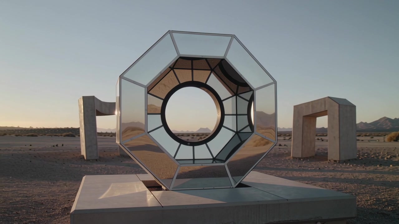 Ripresa panoramica nel deserto con sole basso e camminatore in giacca scura che modifica i riflessi su uno specchio a 8 lati per dare l'idea della scala