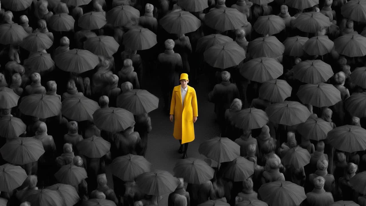A Bold Figure in Yellow Stands Out Amidst a Sea of Gray Umbrellas, Symbolizing Individuality and Resilience in a Monochrome World