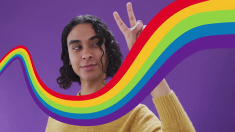 haciendo un gesto de señal de paz, persona con animación de onda de arco iris en el fondo