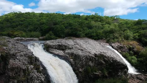 close aerial view of the stream of waterfall in uruguay