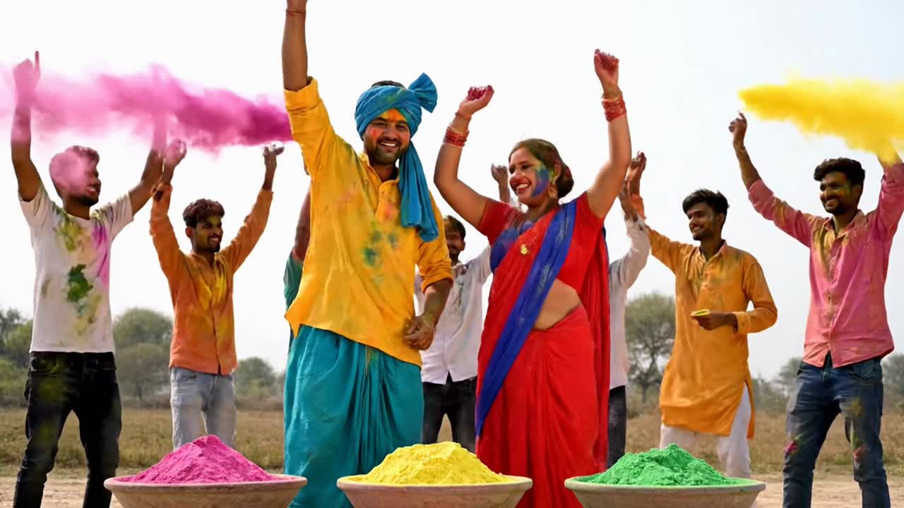 Gruppo di persone indiane felici che celebrano la festa di Holi