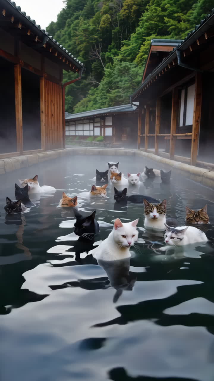 Cats Enjoying a Hot Spring in Japan