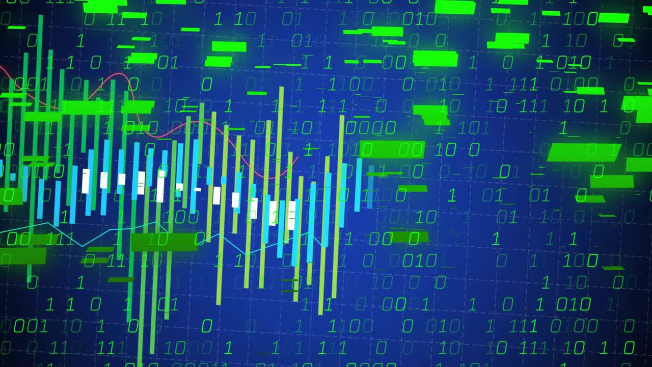 Starting with blue grid, bars rising, red line weaving, green blocks drifting representing data