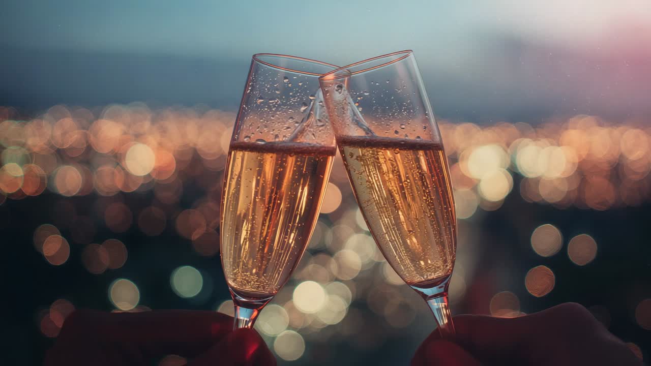 Raising couple's champagne flutes on balcony at dusk, clinking glasses celebrating romantic moment