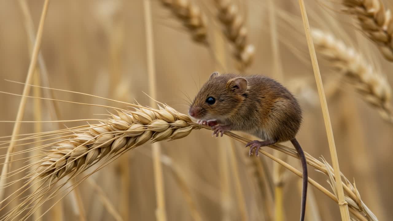 Un incontro ravvicinato con un piccolo topo tra il grano dorato, catturando i dettagli intricati della natura e il delicato equilibrio della fauna selvatica in un paesaggio sereno