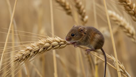 A Close-Up Encounter with a Small Mouse Among Golden Wheat, Capturing Nature's Intricate Details and the Delicate Balance of Wildlife in a Serene Landscape