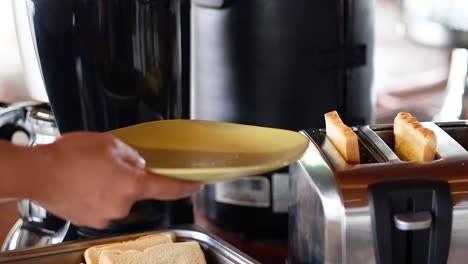 toasting bread slices with a toaster and plate