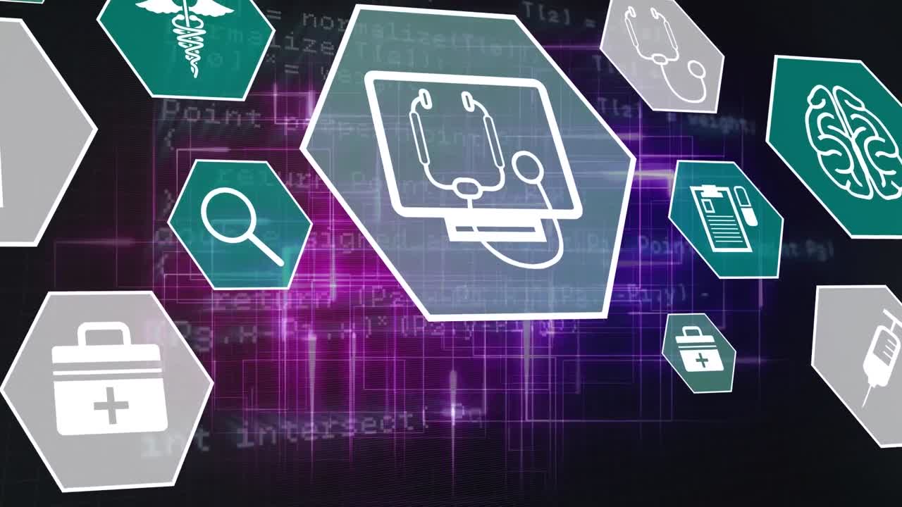 Animation of scientific icons in hexagons over pink and black background