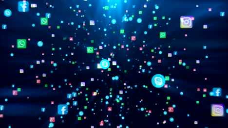 animación editorial de bucle sin fisuras en un fondo negro. banderas voladoras de las redes sociales más populares del mundo, como facebook, instagram, youtube, skype, twitter y otros.