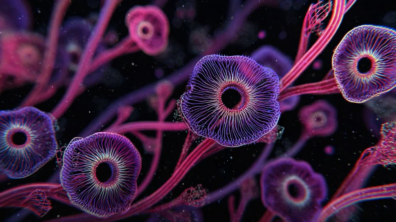 A Stunning Close-Up of Vibrant, Ethereal Cells With Delicate Structures Illuminated Against a Dark Background, Showcasing Nature's Intricate Designs and Colors