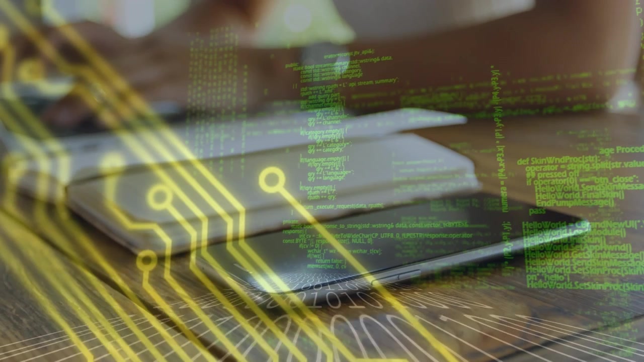 Microprocessor connections and data processing against mid section of woman using laptop