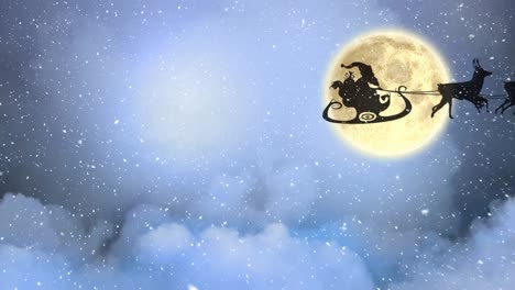 Animation-of-santa-claus-in-sleigh-with-reindeer-at-christmas,-over-snow-falling,-moon-and-sky