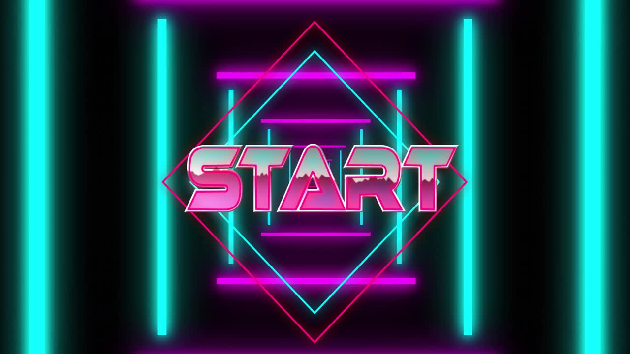 Animation of start text over neon tunnel on black background